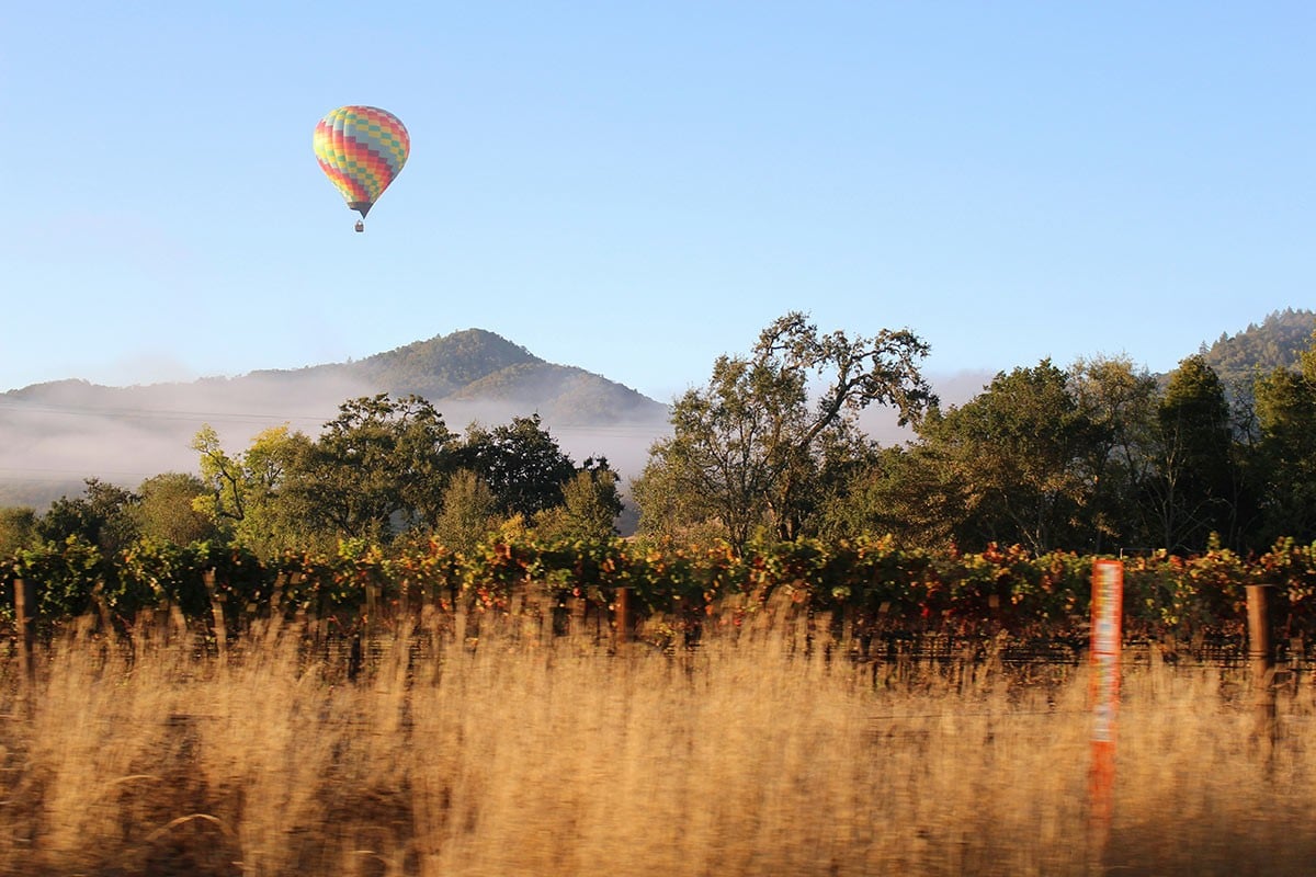 hot air balloon over napa valley california in winter