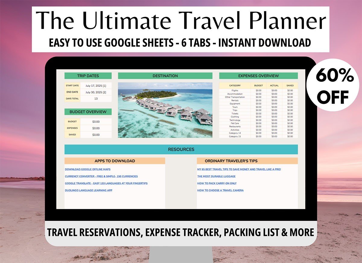 The Ultimate Travel Planner Google Sheets, Travel Budget Spreadsheet, Digital Packing Lists